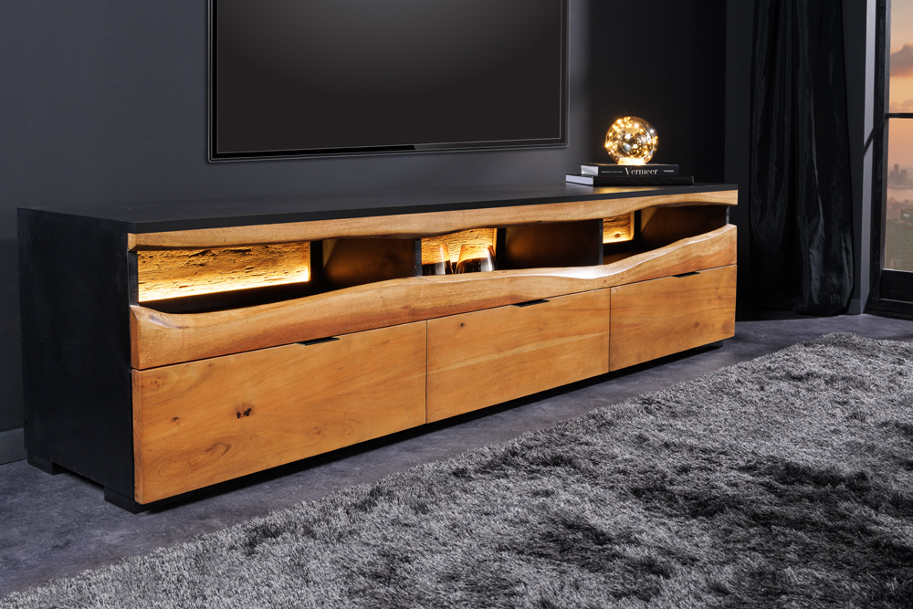 Massivholz TV-Lowboard GRAND ACACIA 180cm braun Akazie mit LED-Beleuchtung Baumkante