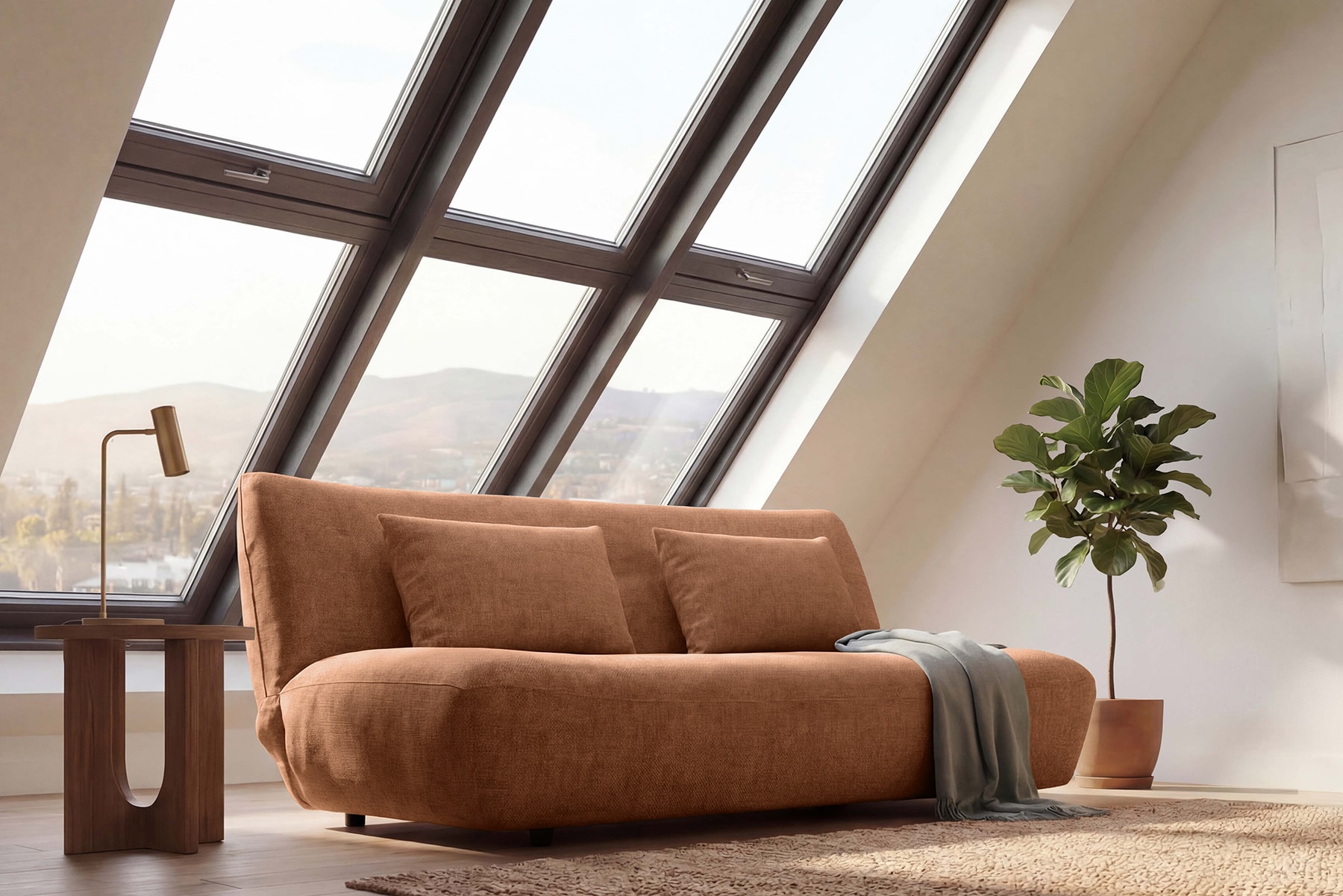 Modernes Schlafsofa ELYPSE 200cm rostbraun Chenillestoff 3-Sitzer Couch inkl. Kissen