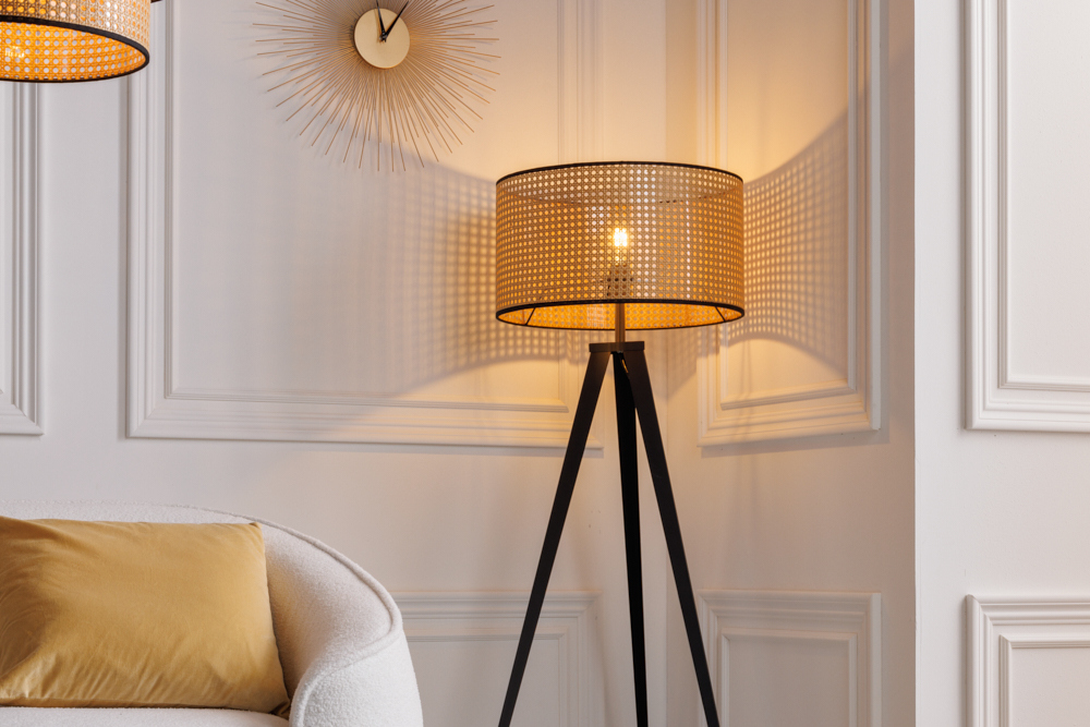 Boho Stehlampe VIENNA 142cm natur schwarz Wiener Geflecht Metall Dreifuß Stehleuchte
