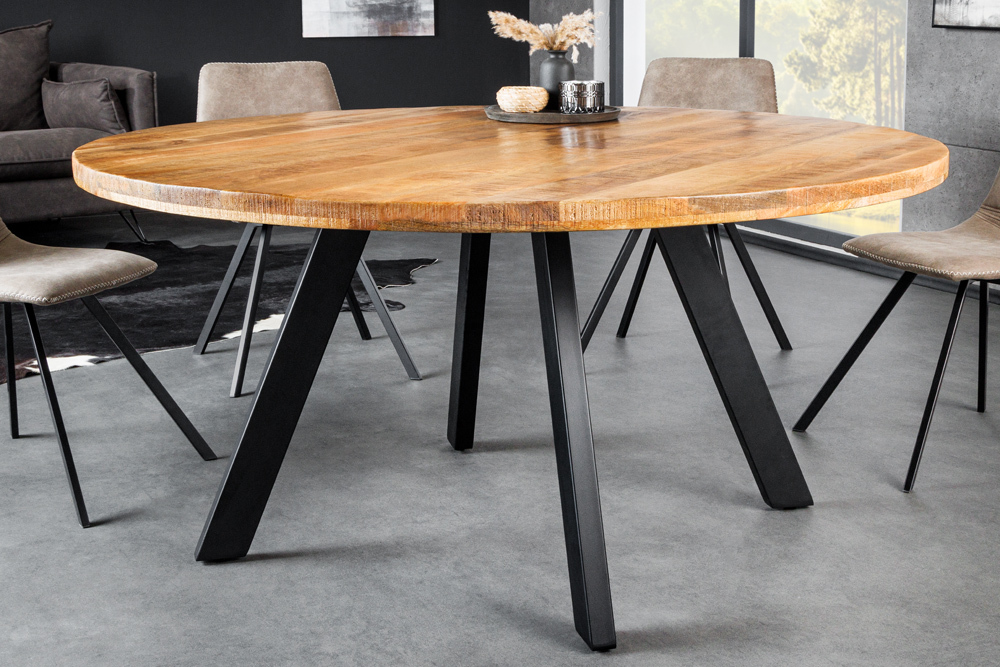 Massiver Esstisch IRON CRAFT 140cm natur rund Mangoholz Metall Industrial Design