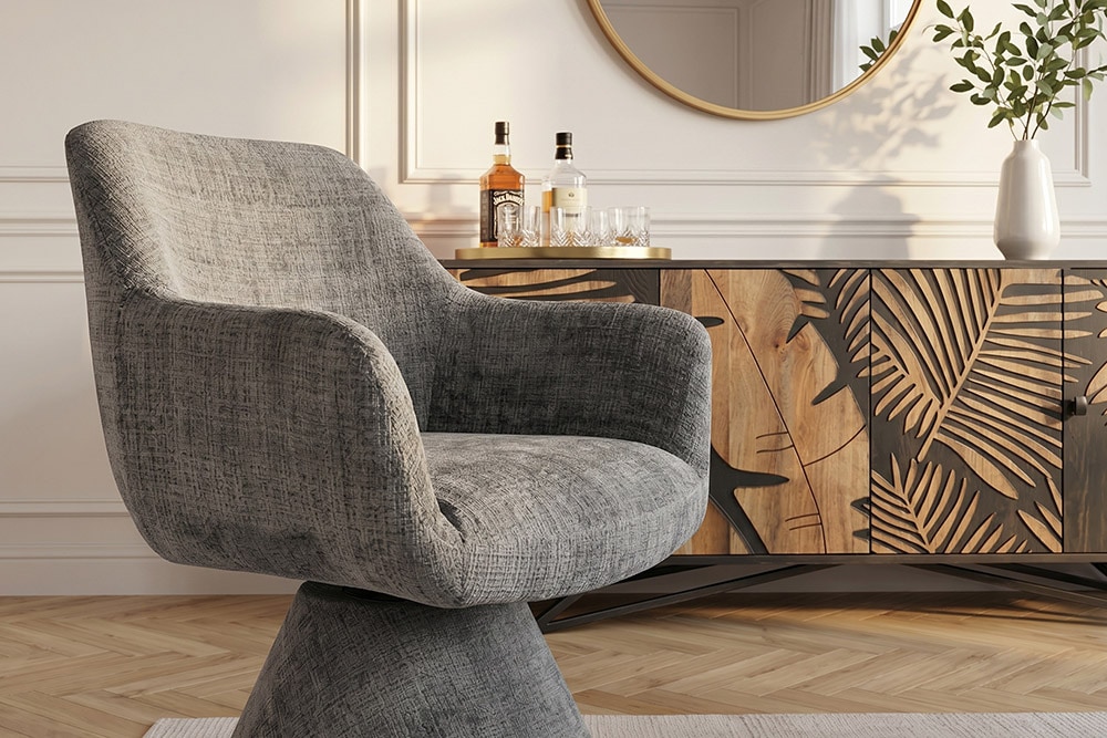 Drehbarer Stuhl AMBIENTO grau Bouclé 180° mit Auto-Return Polsterstuhl