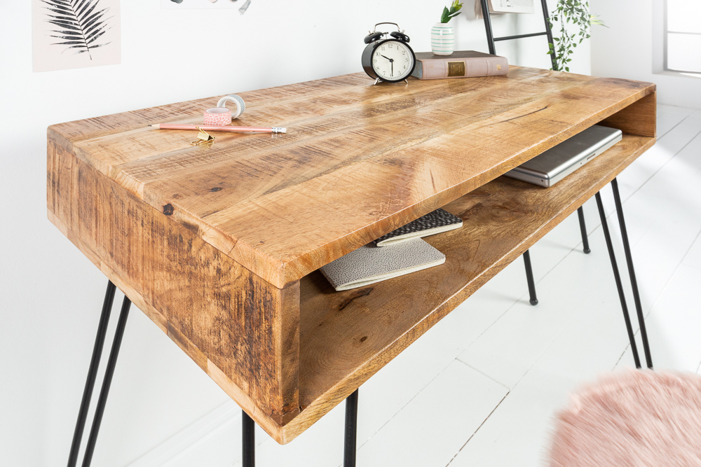 Massiver Schreibtisch SCORPION 100cm natur Mangoholz Hairpin Legs