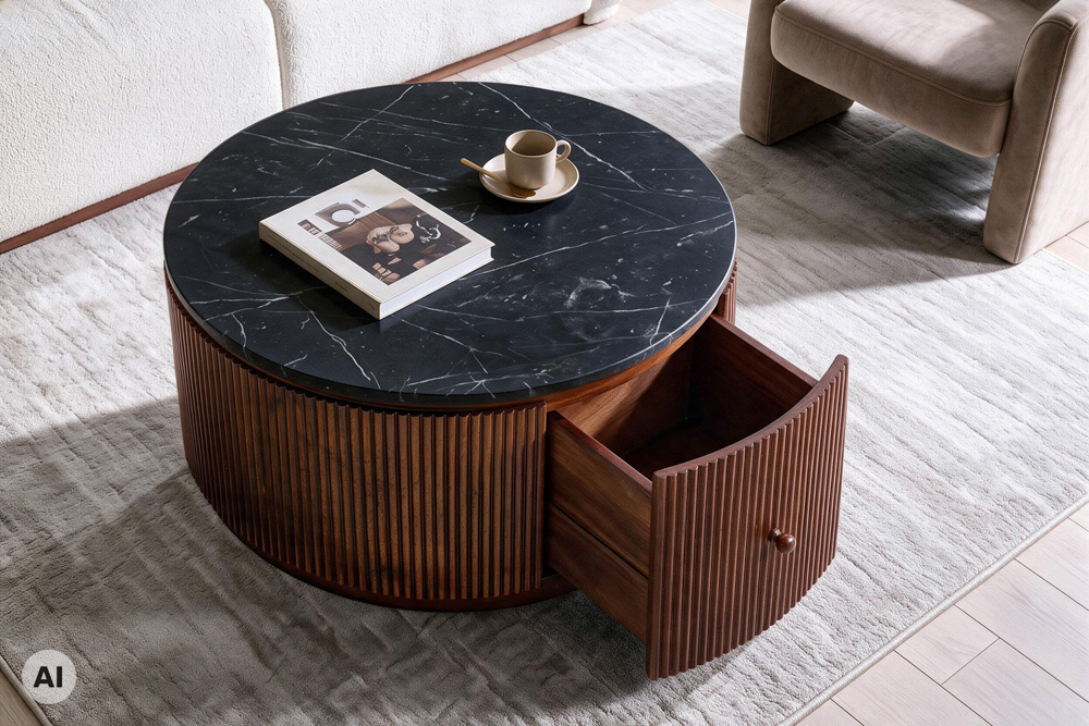 Runder Couchtisch COFFEE TABLE GATSBY 70cm braun schwarz Mangoholz Marmor Schublade
