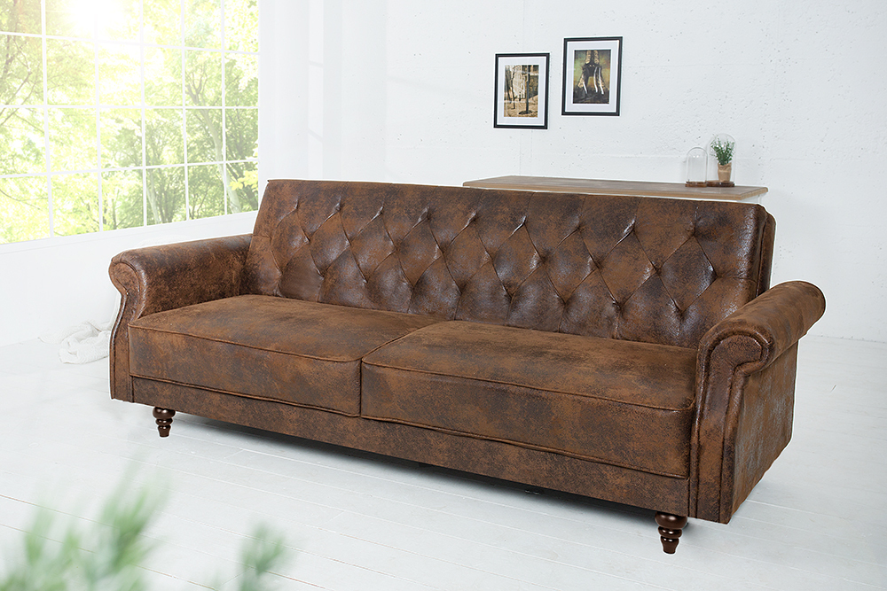 Chesterfield 3-Sitzer Sofa MAISON BELLE AFFAIRE 220cm antik braun Microfaser mit Schlaffunktion