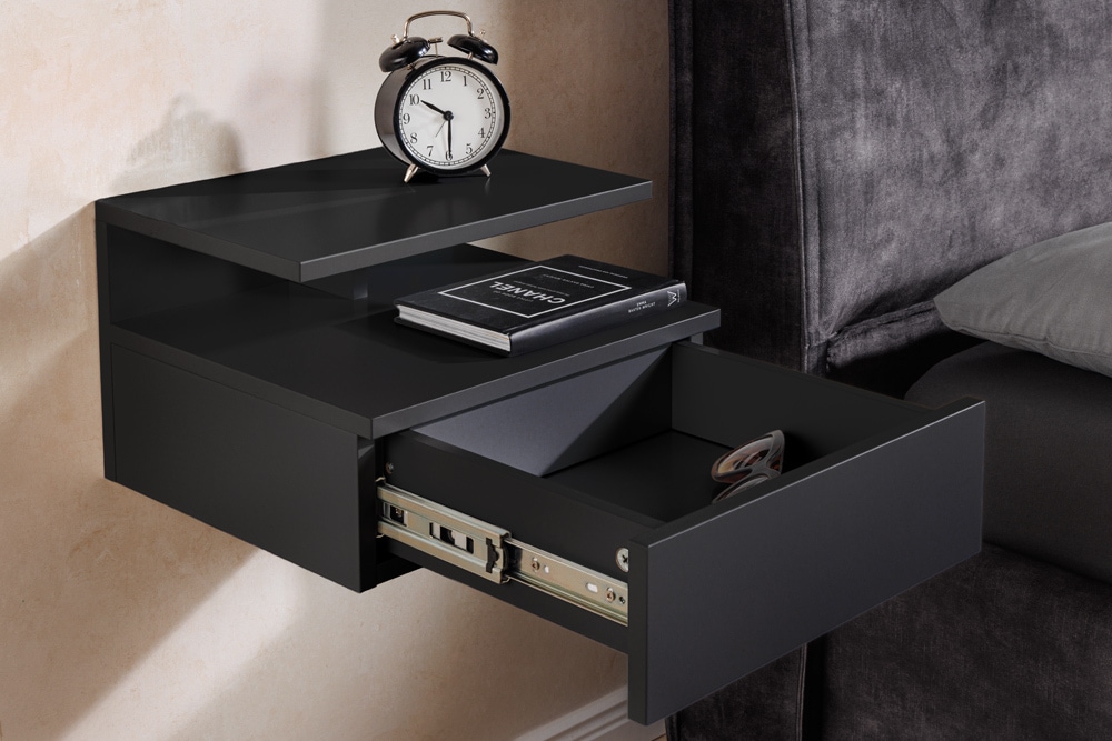 Hängender Nachttisch FLOATING 35cm schwarz Regal mit Schublade