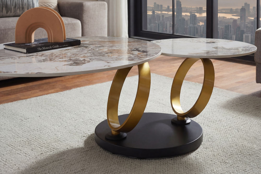 Design Couchtisch DANCING RINGS weiß braun rund drehbar Pandora Keramik gold