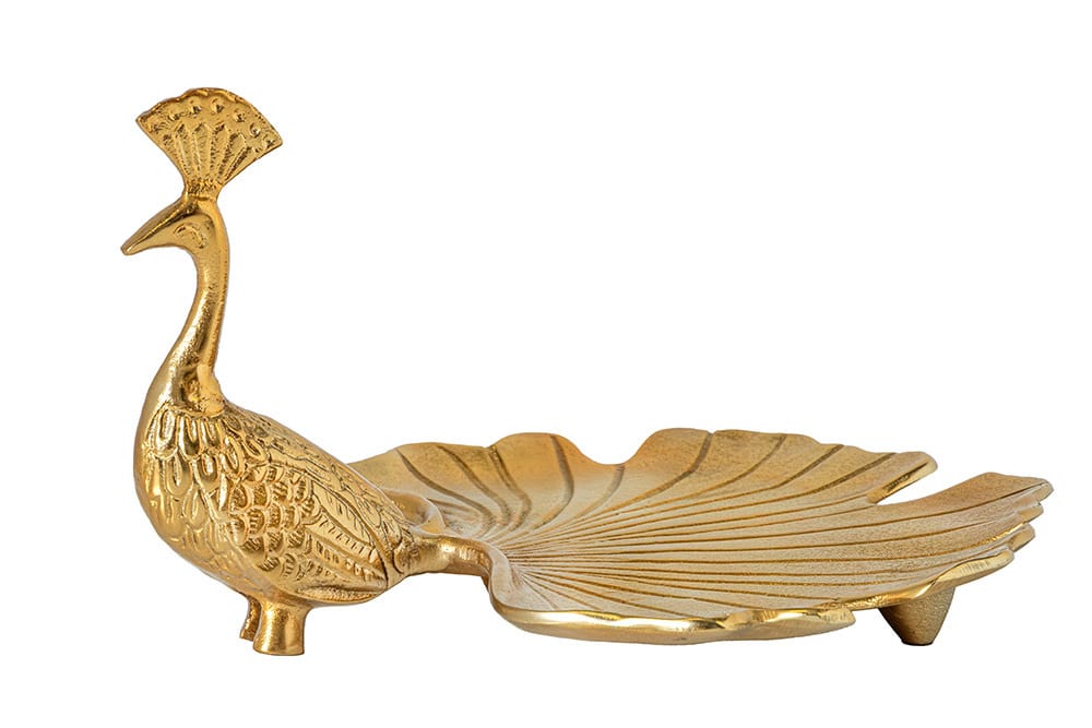 Handgefertigte Servierplatte WILDLIFE PEACOCK 40cm gold Metall Pfauen-Skulptur