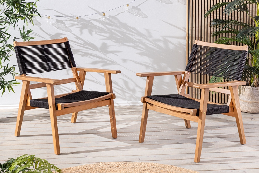 Wetterfestes 2er Set Gartenstuhl BALI ROPE natur anthrazit Akazienholz Loungesessel