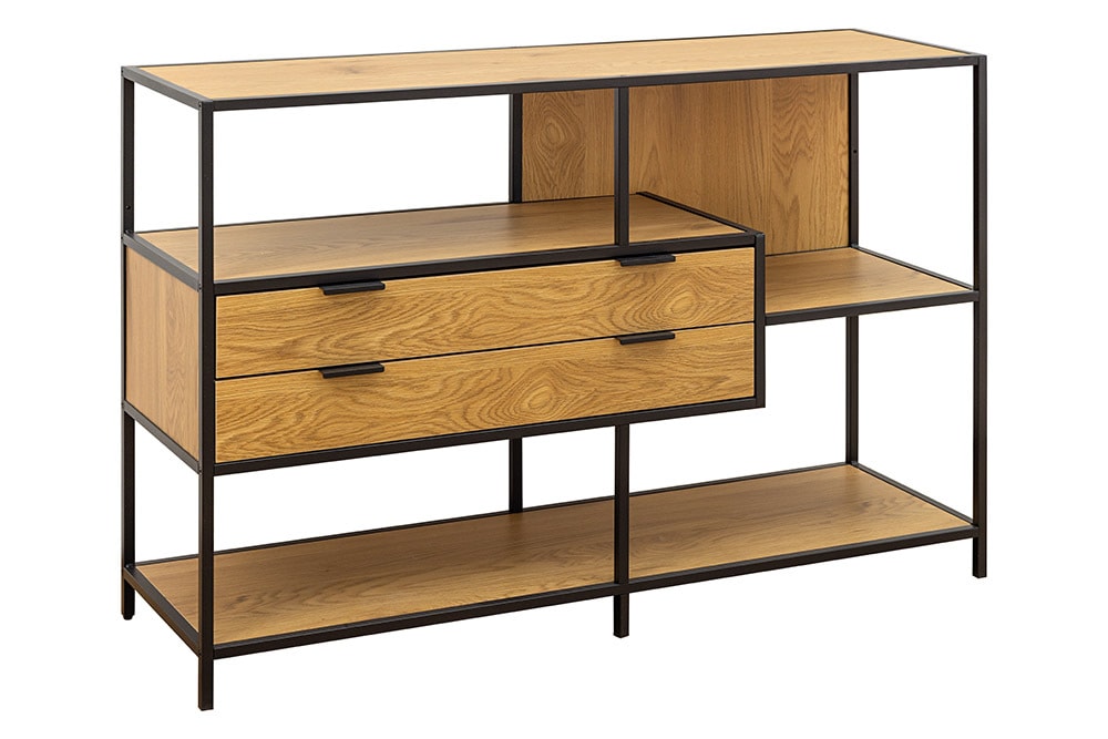 Industrial Bücherregal SLIM LINE 115cm Wildeiche schwarz Metall mit Schubladen