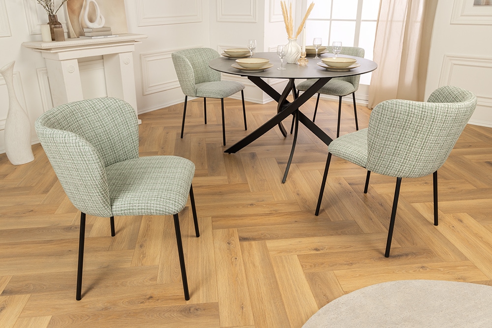 Design Stuhl LYON grün-rosa kariert Bouclé schwarze Metallbeine