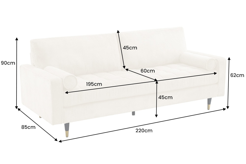 3er Sofa COZY VELVET 220cm beige Cord mit goldener Kappe