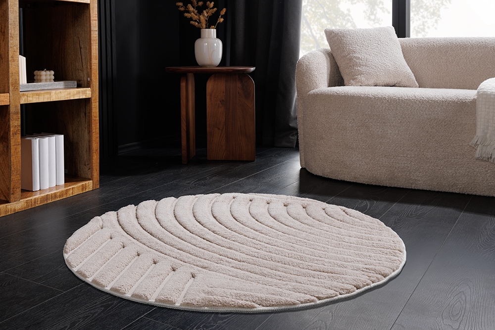 Runder 3D strukturierter Kurzflor Teppich ART DECO 80cm beige creme Hoch-Tief-Effekt