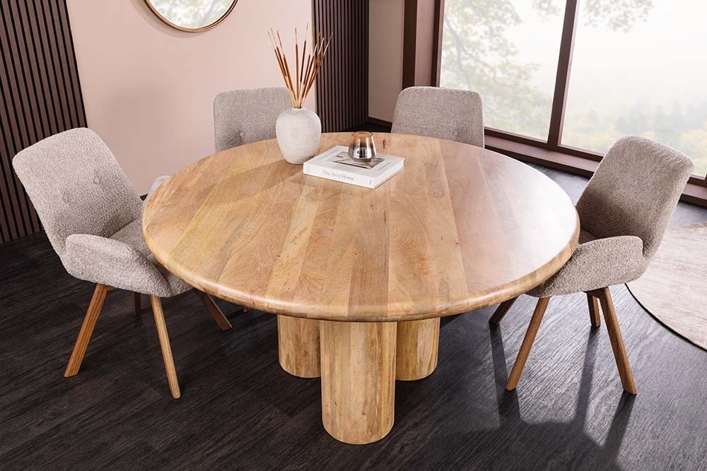 Runder Esstisch ART DECO 140cm natur Mangoholz massiv mit Säulenfüßen