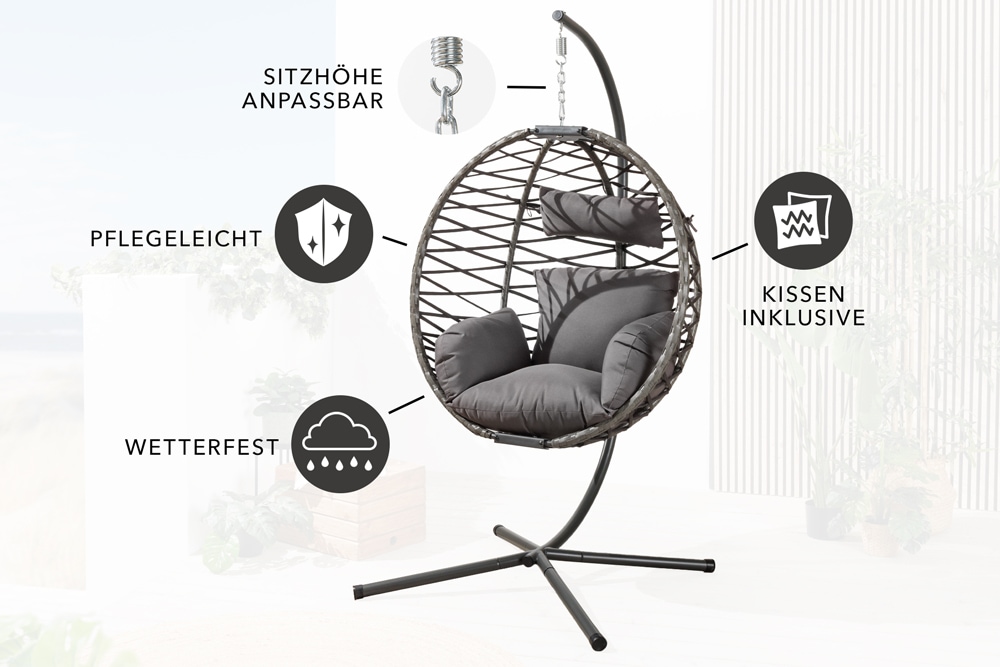 In- und Outdoor Hängesessel IBIZA anthrazit Rattan mit Gestell wetterfest inkl. Kissen