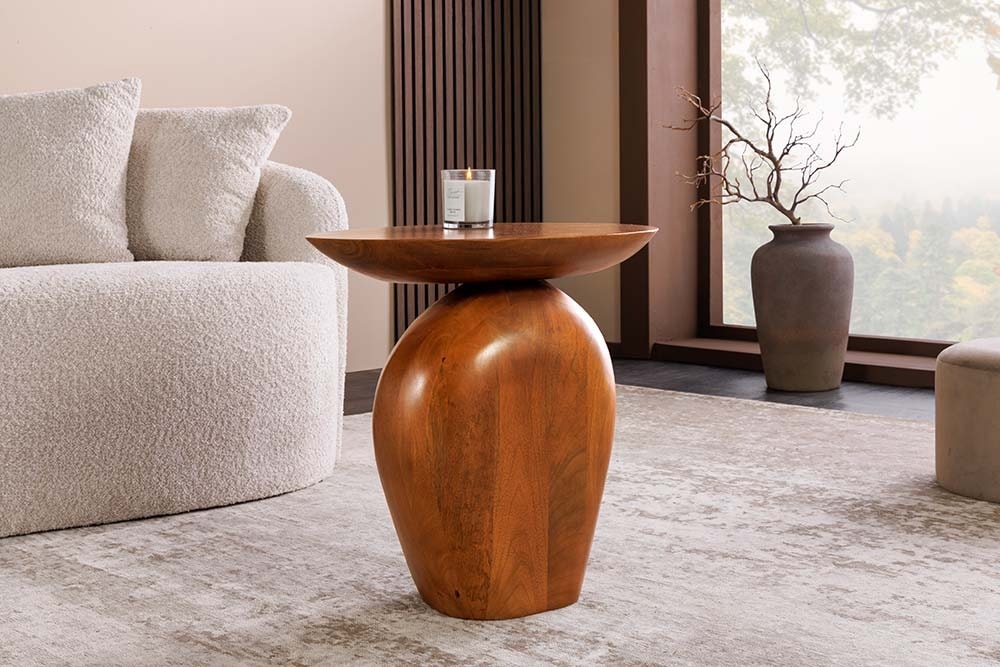 Massiver Beistelltisch ORGANIC 50cm braun Mangoholz oval Säulenfuß