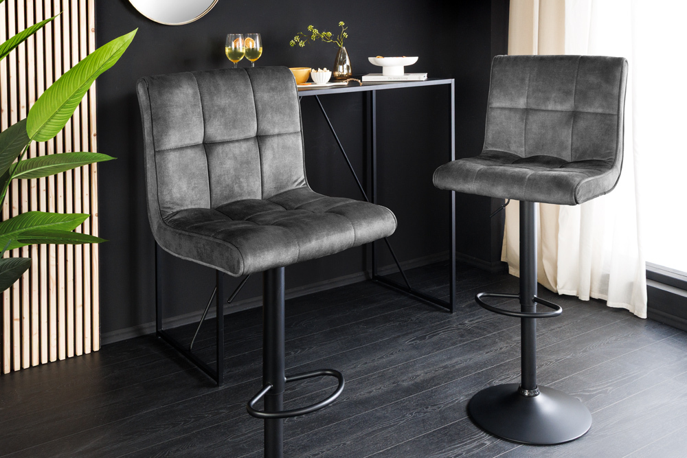 Höhenverstellbarer Barhocker MODENA grau Samt Metall schwarz drehbar