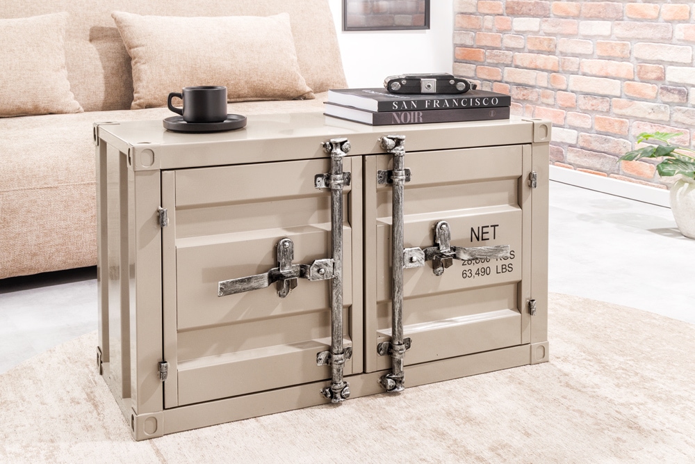 Container-Schrank GLOBETROTTER 80cm greige Metall Couchtisch mit Flügeltüren Kommode