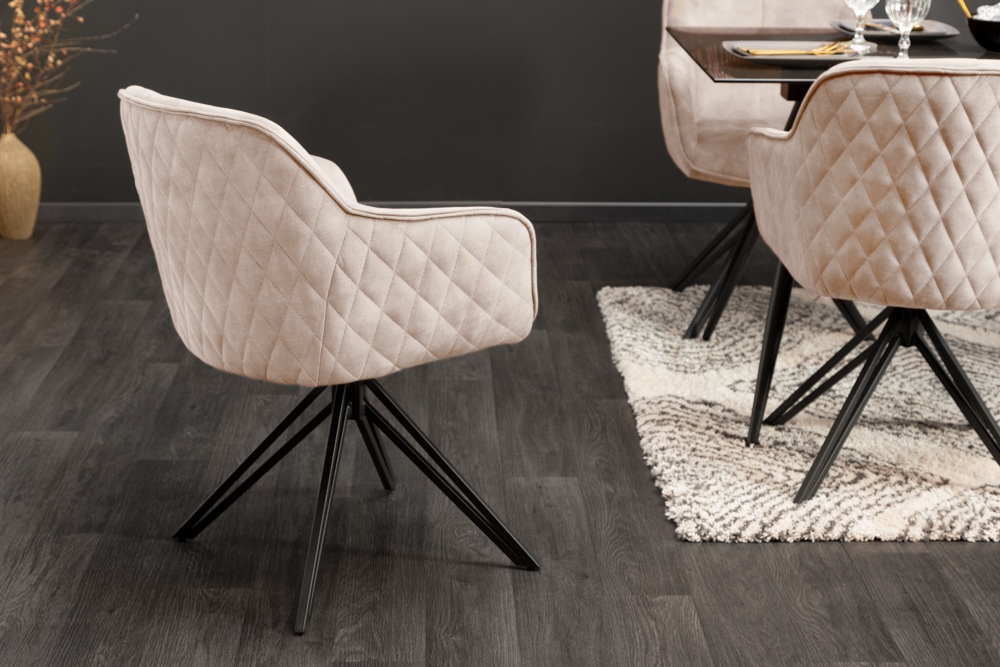 Drehbarer Design Stuhl EUPHORIA champagner greige Samt mit Armlehne Metallgestell schwarz