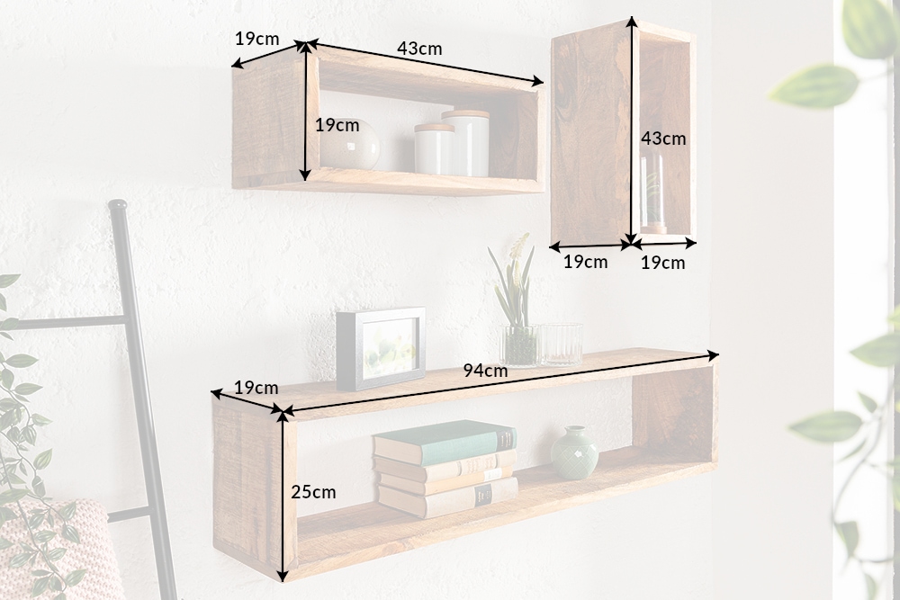 Massives Wandregal 3er Set HEMINGWAY 94cm aus Mangoholz