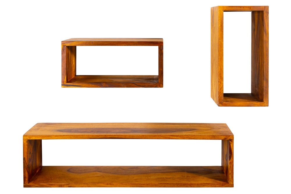 Massives Wandregal 3er Set HEMINGWAY 94cm braun Sheeshamholz stone finish