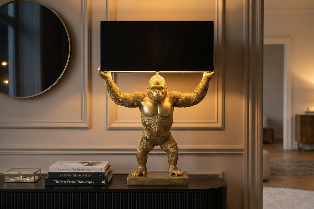 Handgefertigte Tischlampe KING APE 70cm schwarz gold Stoffschirm Affen-Skulptur