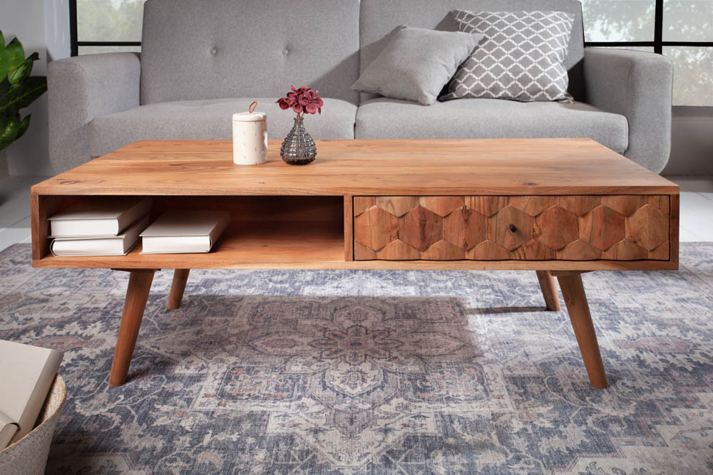 Massivholz Couchtisch MYSTIC LIVING 100cm natur Akazie mit Stauraum Schubladen Ablagefach
