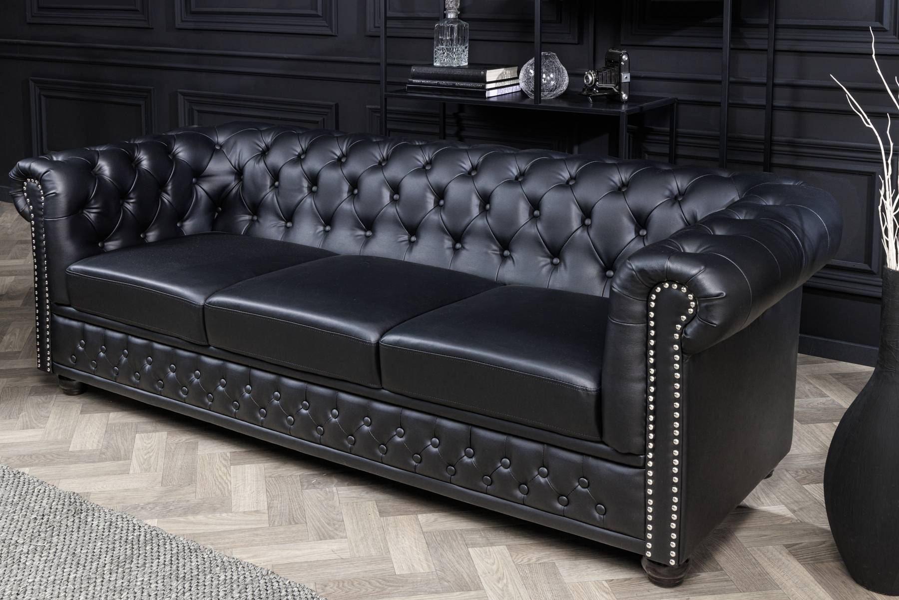 Chesterfield 3-Sitzer Sofa 205cm schwarz Nietenbesatz Federkern