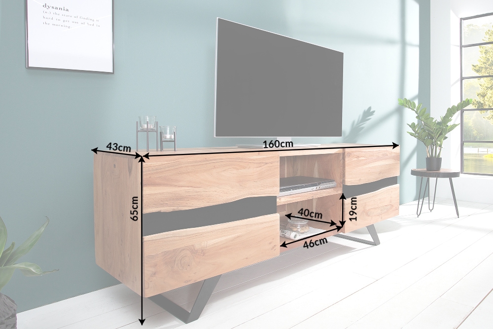 Massives TV-Board AMAZONAS 160cm Akazie Metall Lowboard Baumkante
