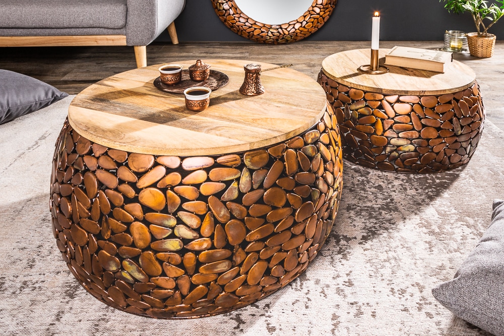 2er Set Runde Couchtische STONE MOSAIC 65cm kupfer Mangoholz Metall Mosaik Design handmade