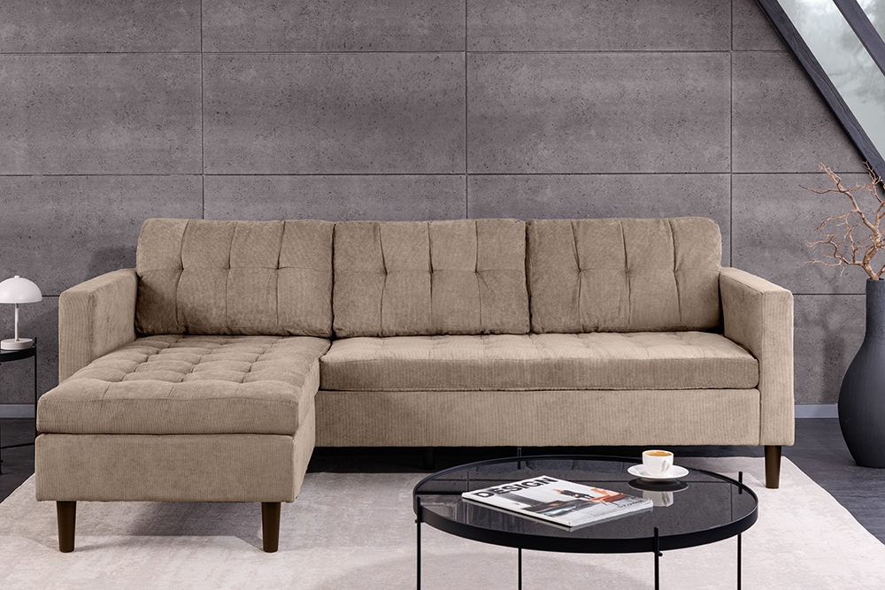 Retro Ecksofa STOCKHOLM 220cm taupe Cord Federkern 3-Sitzer