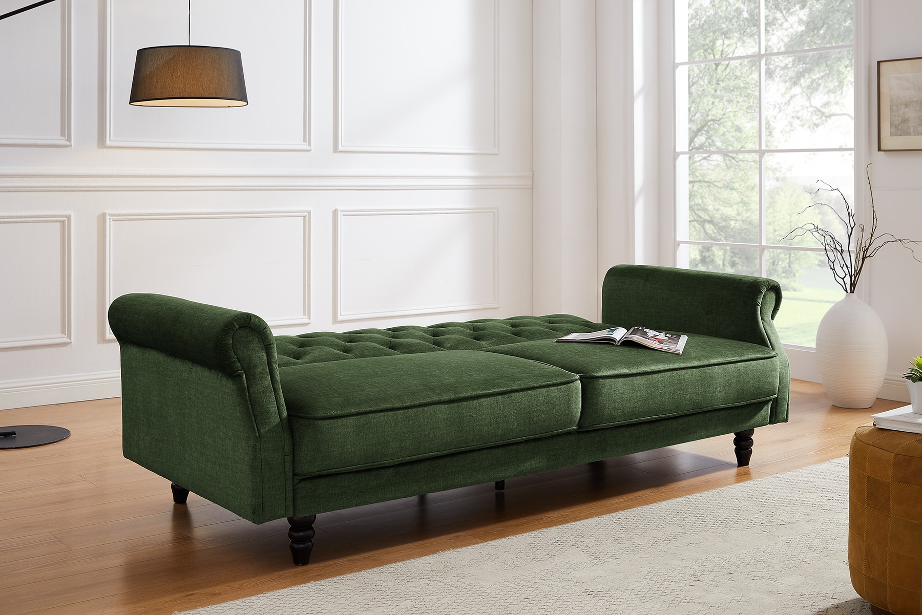 Schlafsofa MAISON BELLE AFFAIRE 220cm moosgrün Vogue Seiden Samtstoff 3-Sitzer