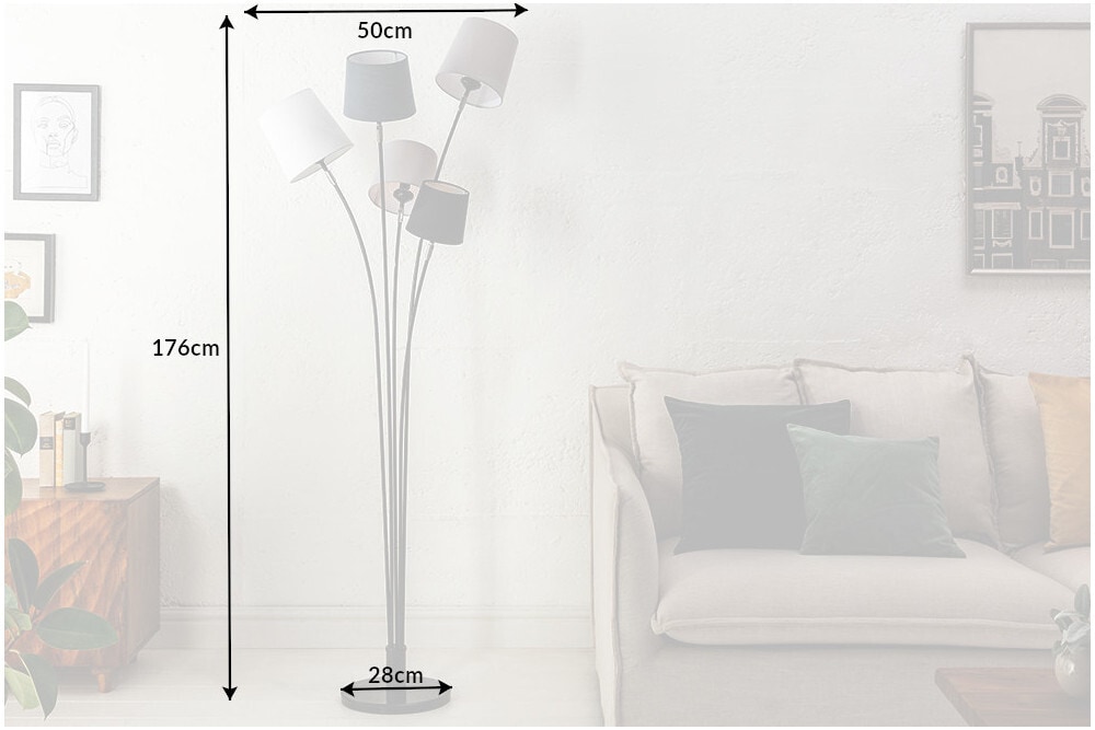 Design Stehlampe LEVELS 176cm schwarz grau mit 5 Leinenschirmen