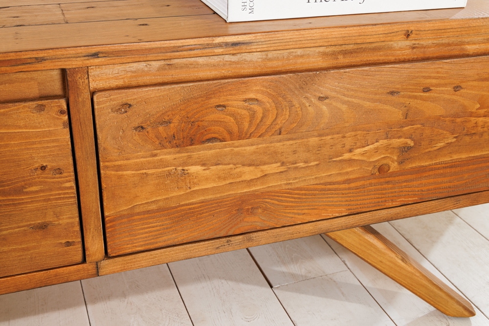 Massives TV-Board FINCA 180cm vintage braun recyceltes Pinienholz mit Schubladen
