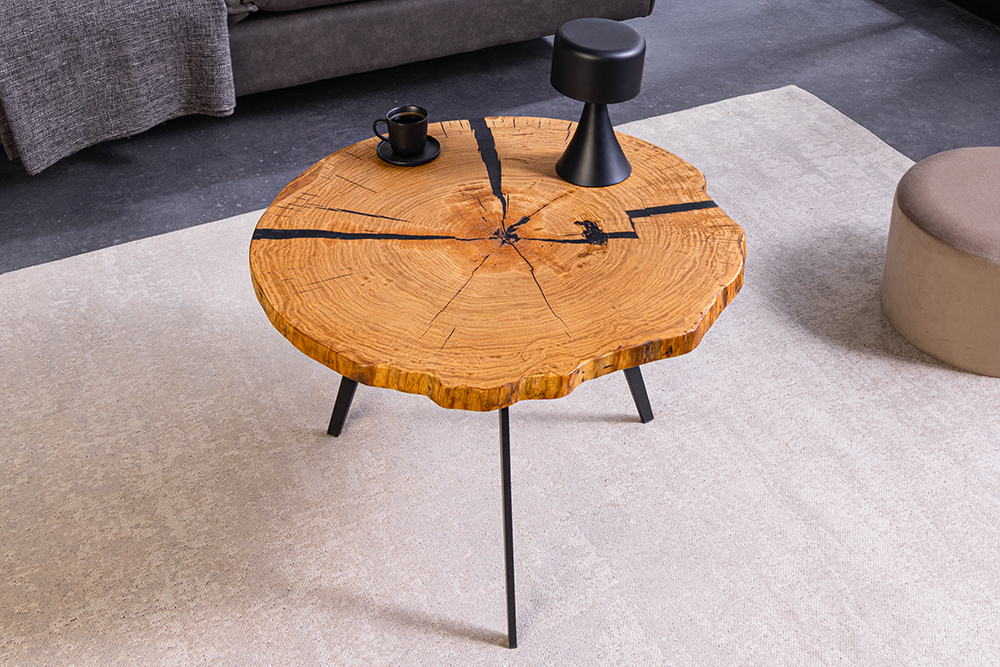 Runder Couchtisch ARBOR 65cm natur Eiche Massivholz schwarz Metall Beistelltisch