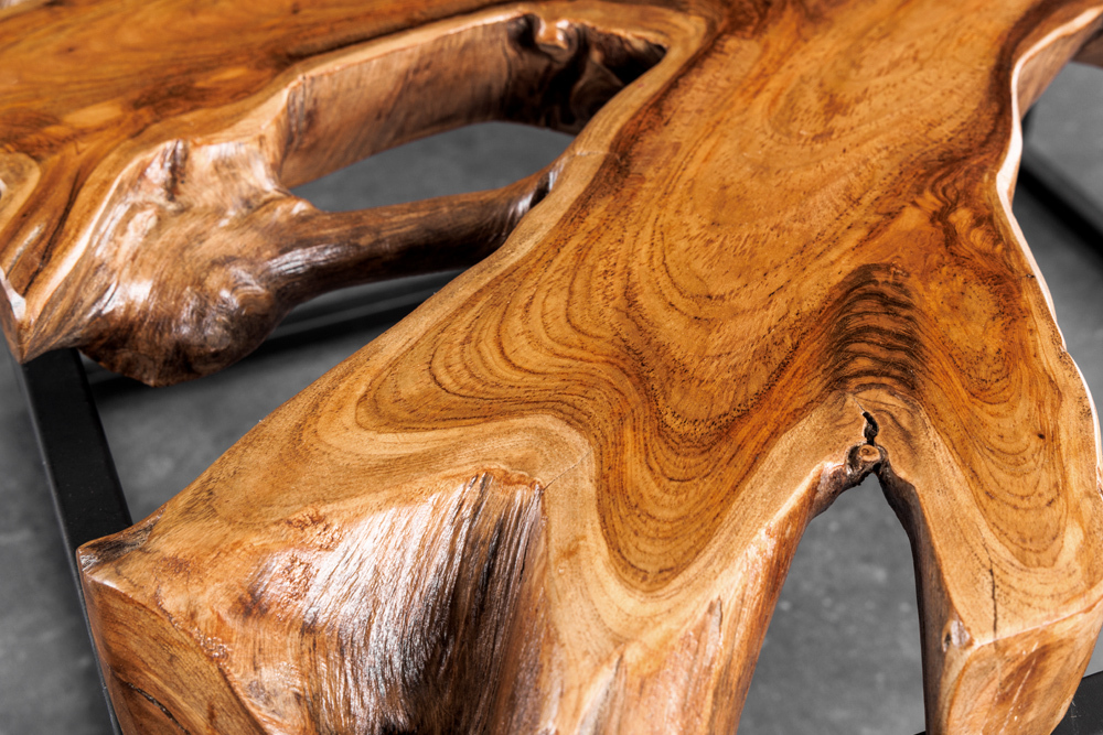 Industrial Couchtisch TEAK ROOT 70cm braun Teakholz Metall Glastisch handmade