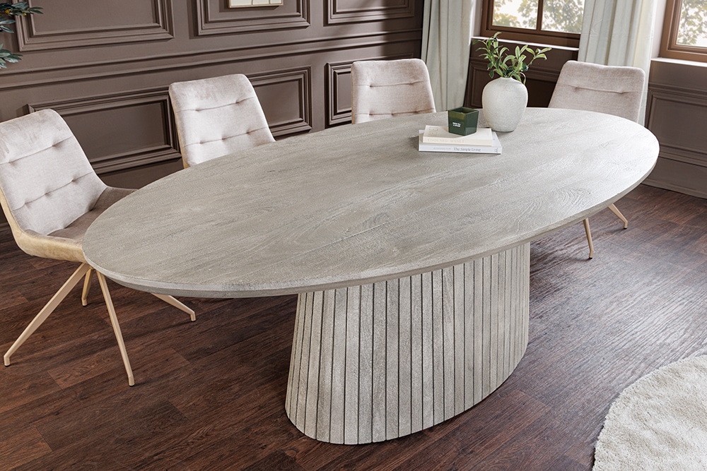Ovaler Esstisch ART DECO 220cm smoke grau massives Mangoholz mit Säulenfuß