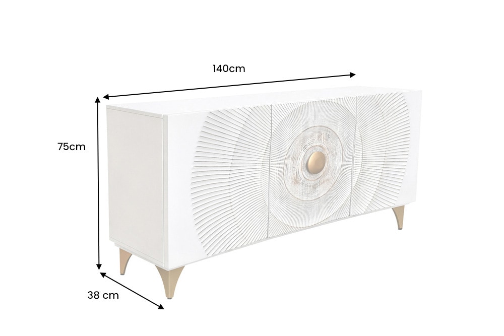 Handgearbeitetes Sideboard GOLDEN SUNSET 140cm weiß mit 3D Schnitzereien gold Mangoholz Metallbeine