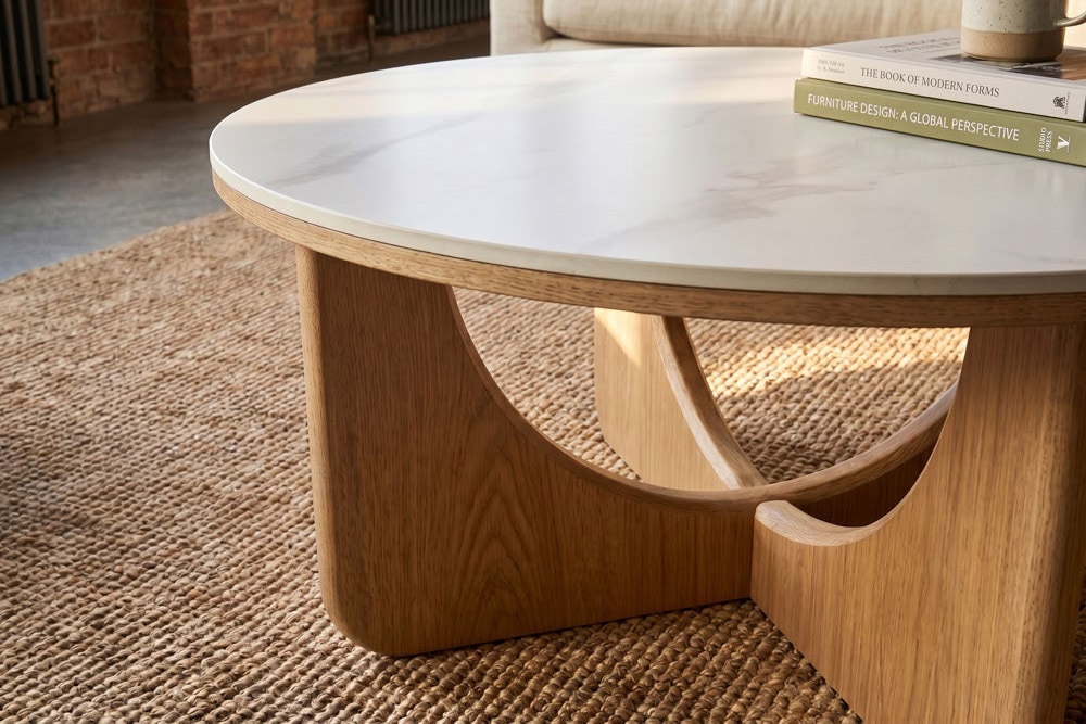 Runder Couchtisch ENSO 80cm weiß Marmor Keramik Eichenholz