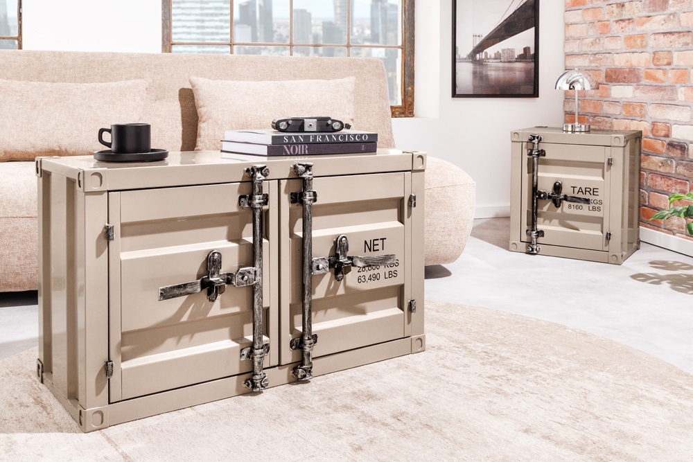 Container-Schrank GLOBETROTTER 80cm greige Metall Couchtisch mit Flügeltüren Kommode