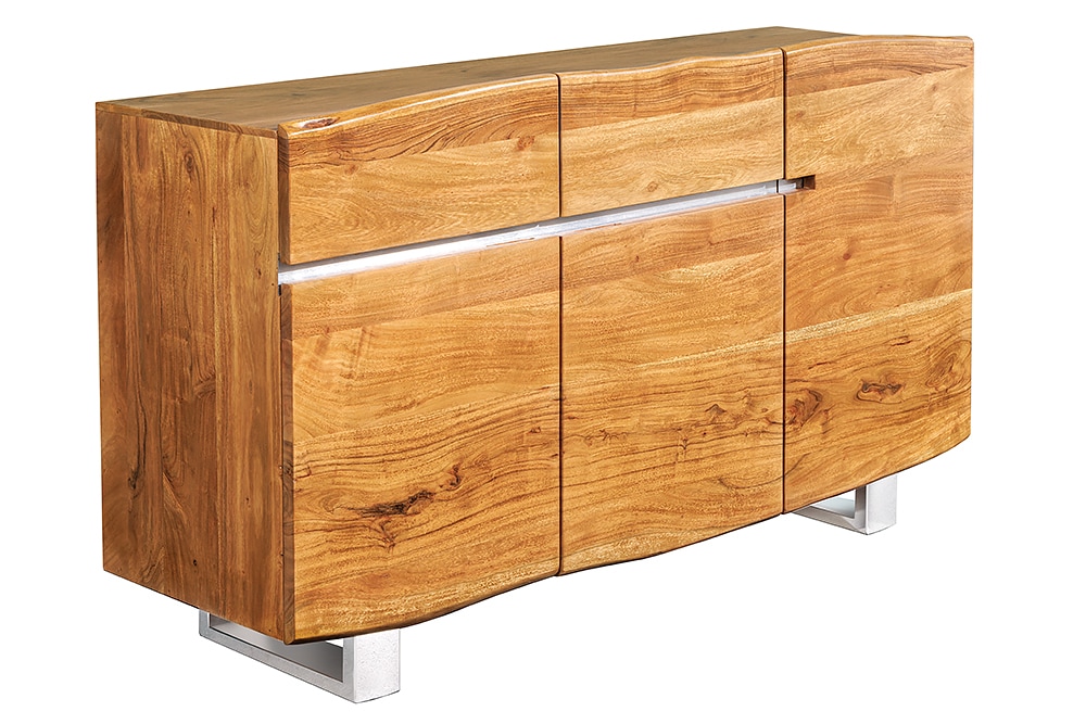 Massivholz Sideboard MAMMUT 135cm Akazie Kommode mit Schubladen Baumkante Edelstahl