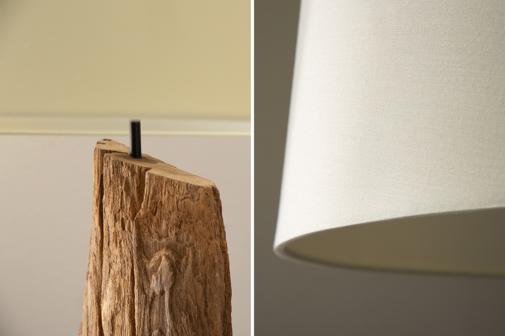 Massive Stehlampe BARRACUDA 177cm natur Akazienholz Baumwollschirm weiß Baumstamm