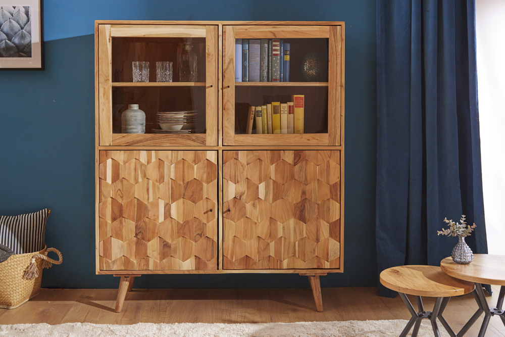 Massivholz Highboard MYSTIC LIVING 140cm Akazie natur Vitrine 3D-Oberfläche