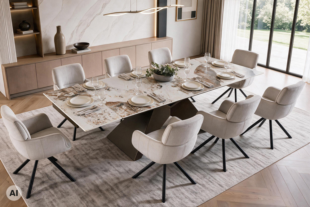 Design Esstisch DIAMOND 180-260cm weiß braun Pandora Keramik Metallgestell bronze