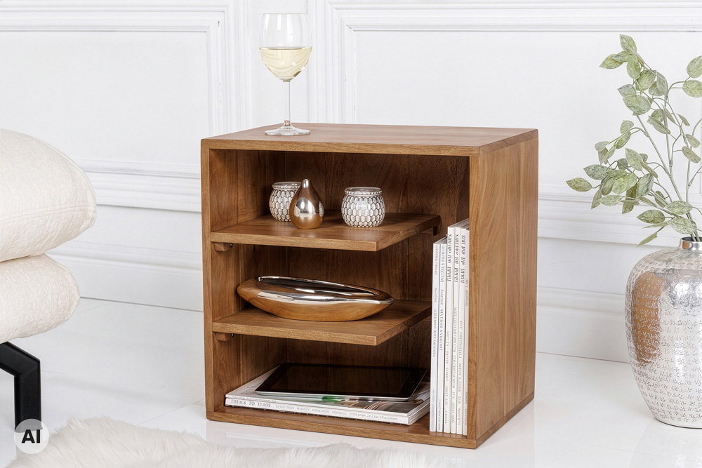 Massiver Beistelltisch CUBUS 45cm braun Mangoholz honey finish Regal Nachttisch