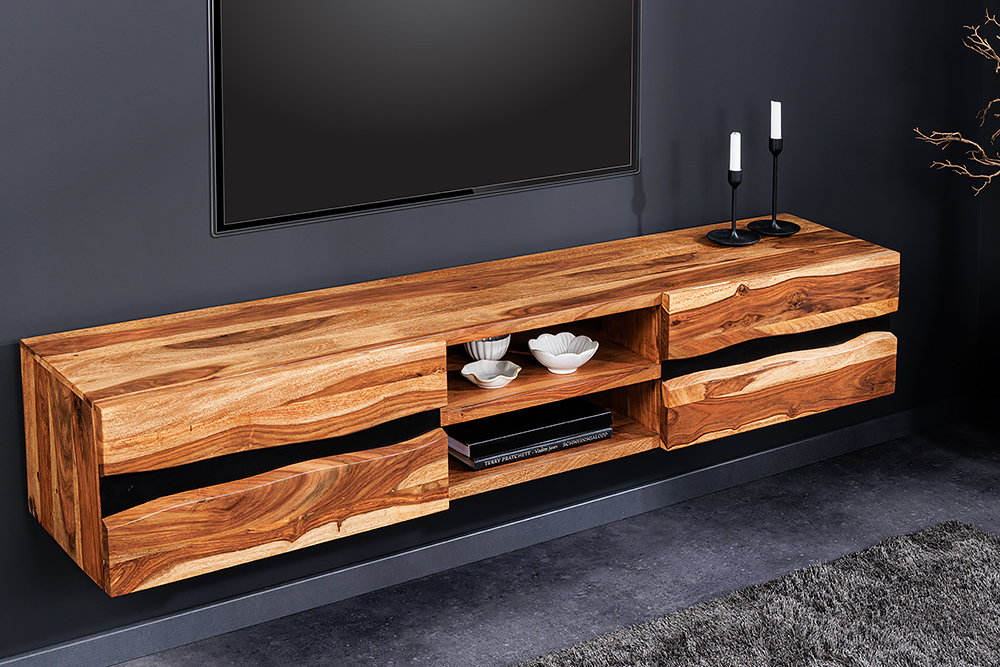 Hängendes TV-Lowboard AMAZONAS 160cm braun Sheesham Massivholz Baumkante Metall schwarz