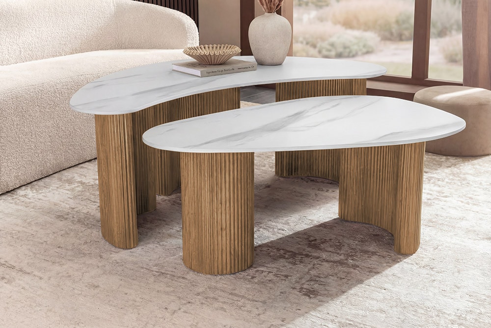 2er Set Couchtische OSAKA 120cm weiß Marmor Keramik natur Eiche