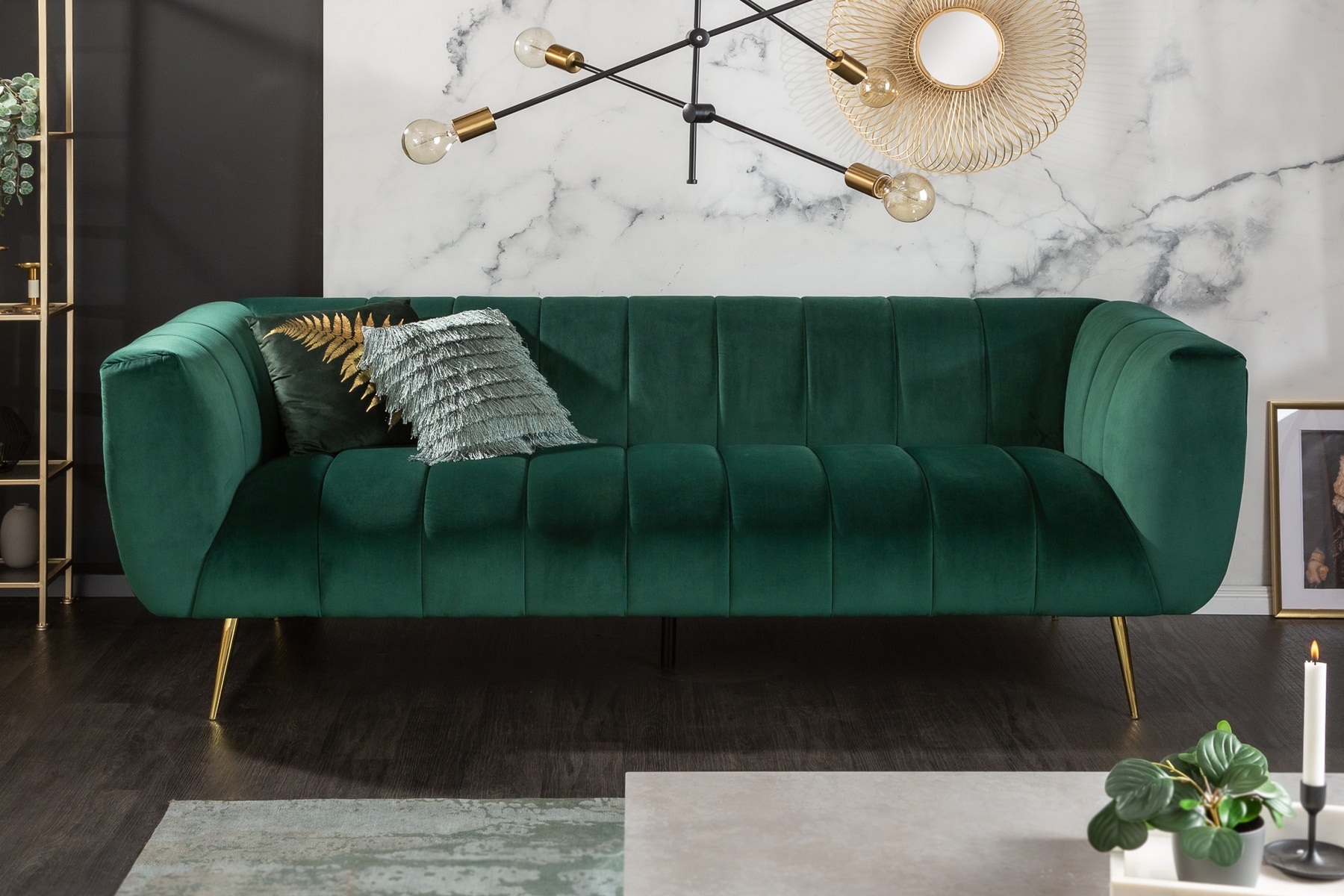 Design 3-Sitzer Sofa NOBLESSE 225cm smaragdgrün Samt Federkern goldene Metallfüße