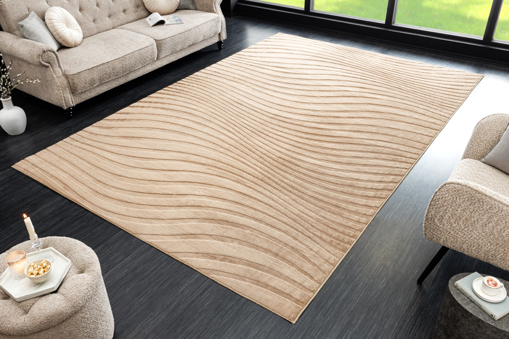 3D strukturierter Kurzflor Teppich WAVE 230x160cm beige Hoch-Tief-Effekt