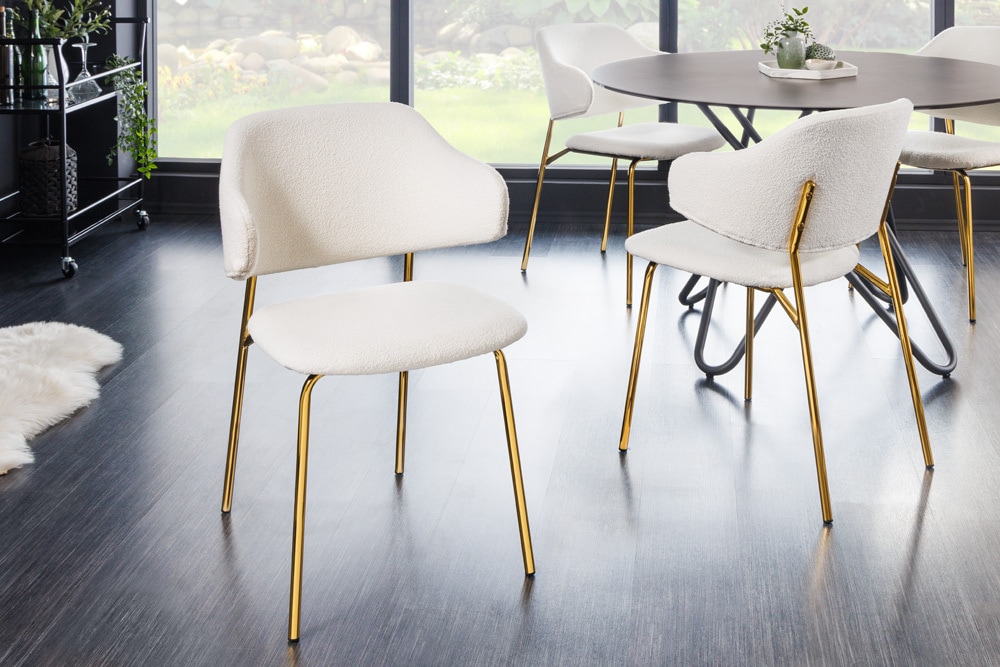 Design Stuhl VOGUE weiß Bouclé goldene Metallbeine