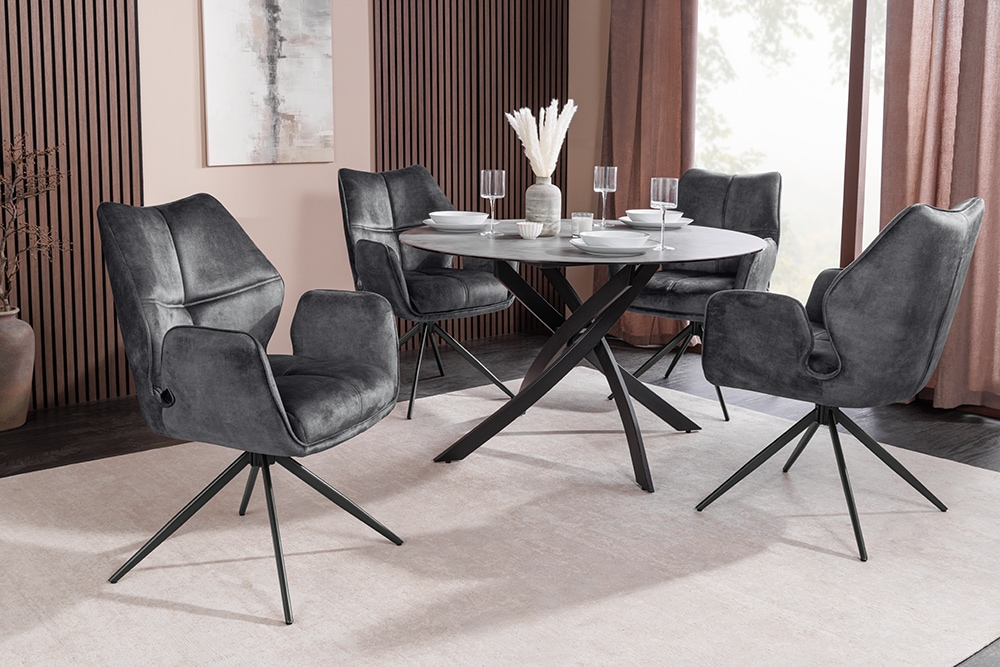 Drehbarer Design Stuhl CONCORD dunkelgrau Samt Taschenfederkern Metallgestell schwarz